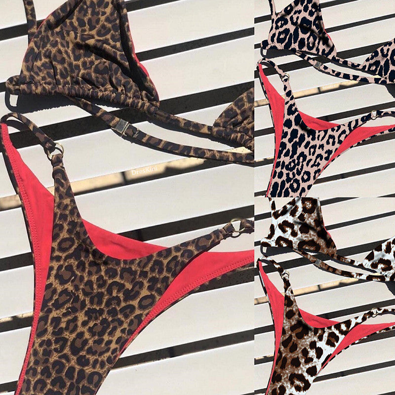 Leopard-print one-piece bikini with red-trim halter and thong-style back straps