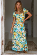 New Elegant Holiday French Print Short-Sleeve Long Dress
