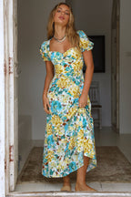 New Elegant Holiday French Print Short-Sleeve Long Dress