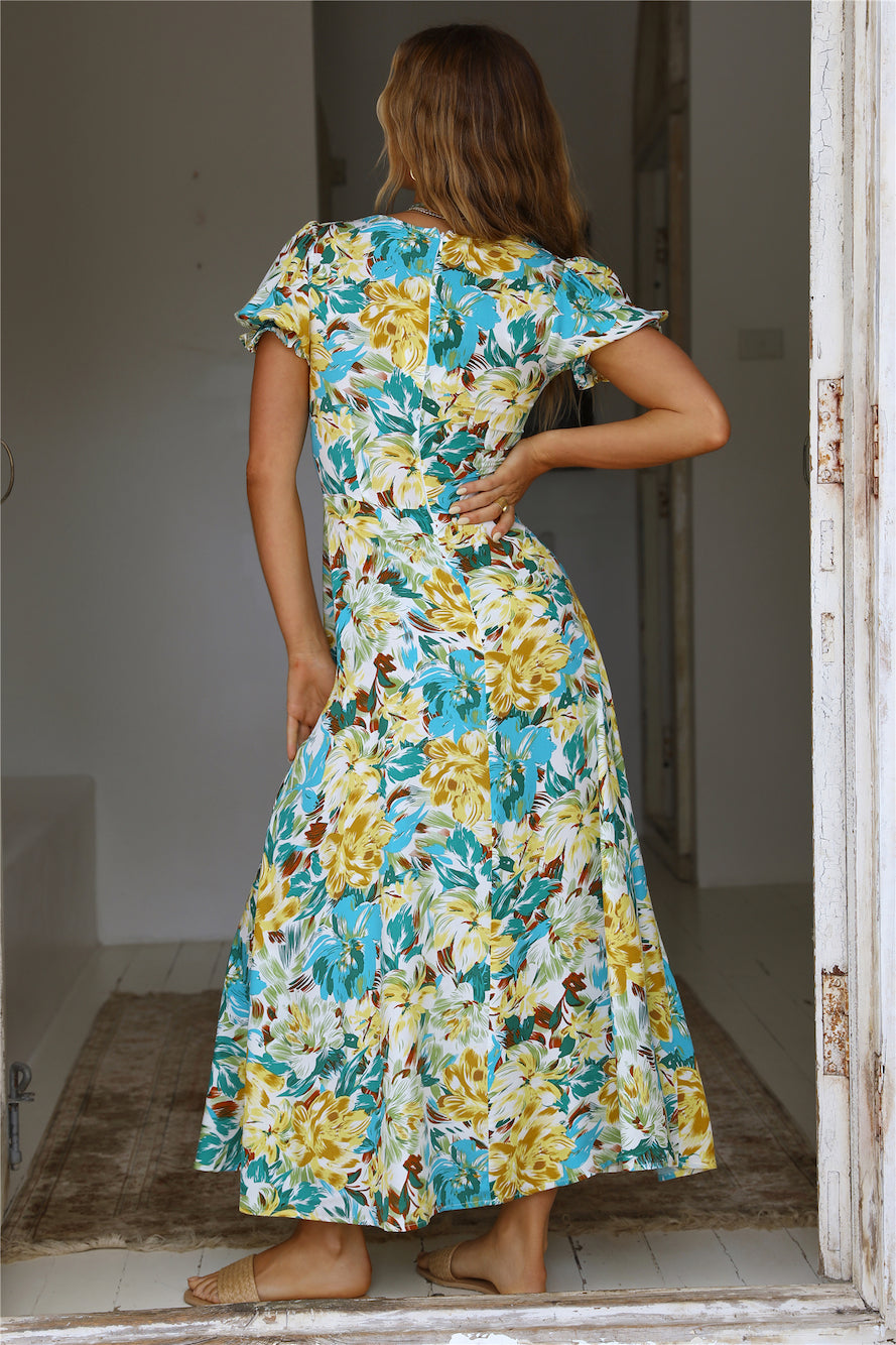 New Elegant Holiday French Print Short-Sleeve Long Dress