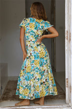 New Elegant Holiday French Print Short-Sleeve Long Dress