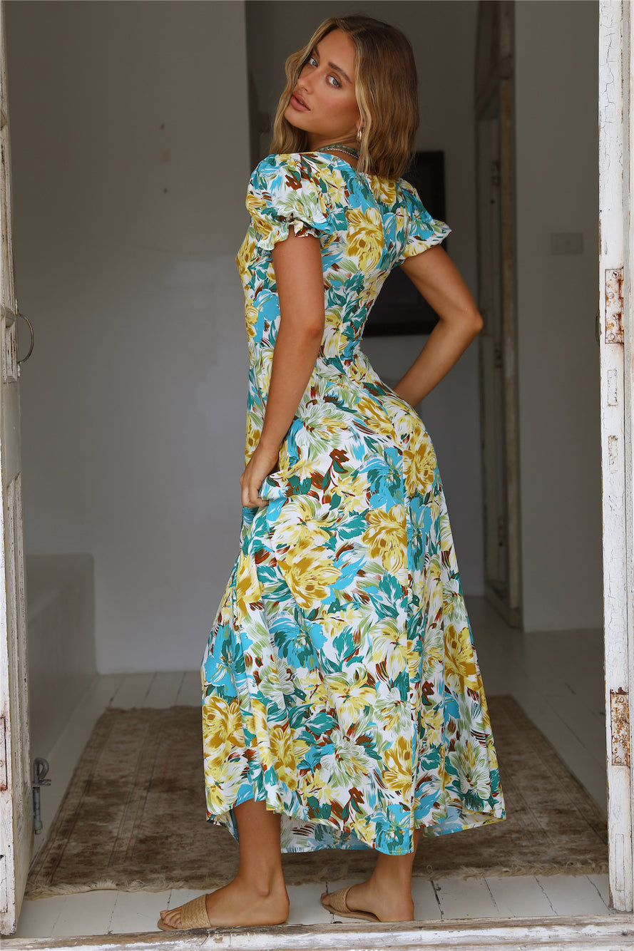 New Elegant Holiday French Print Short-Sleeve Long Dress
