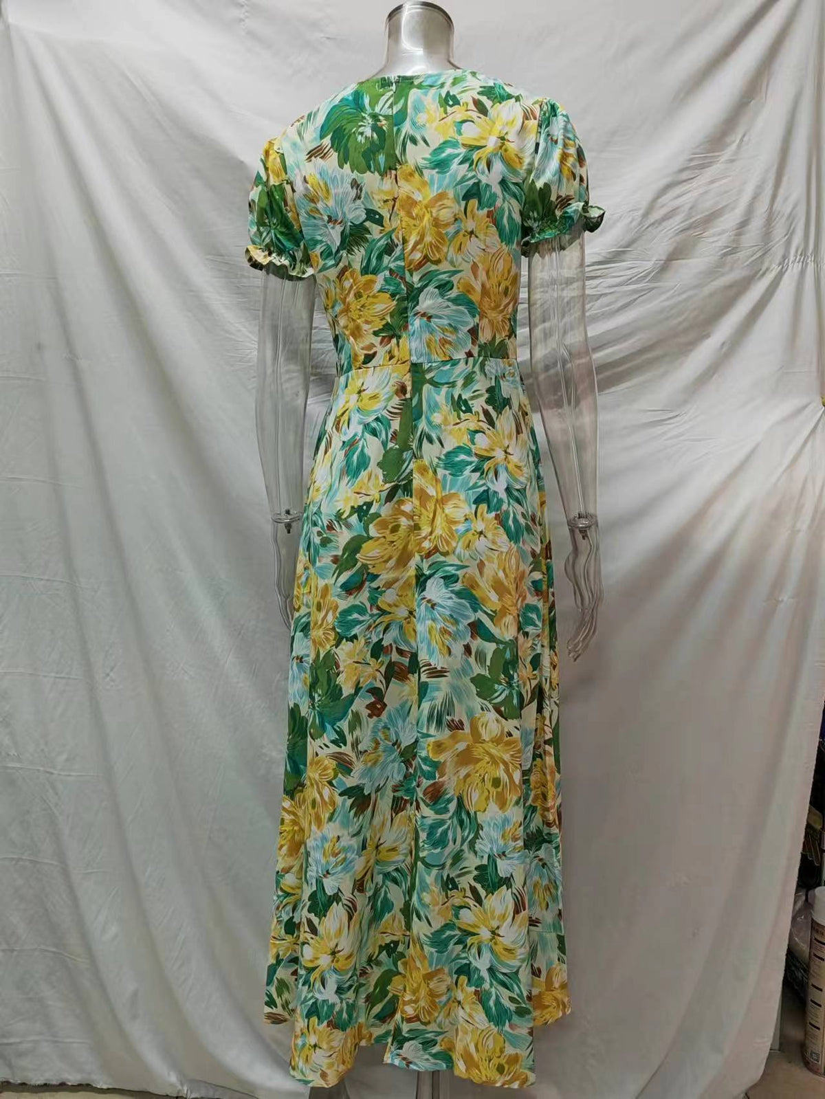 New Elegant Holiday French Print Short-Sleeve Long Dress