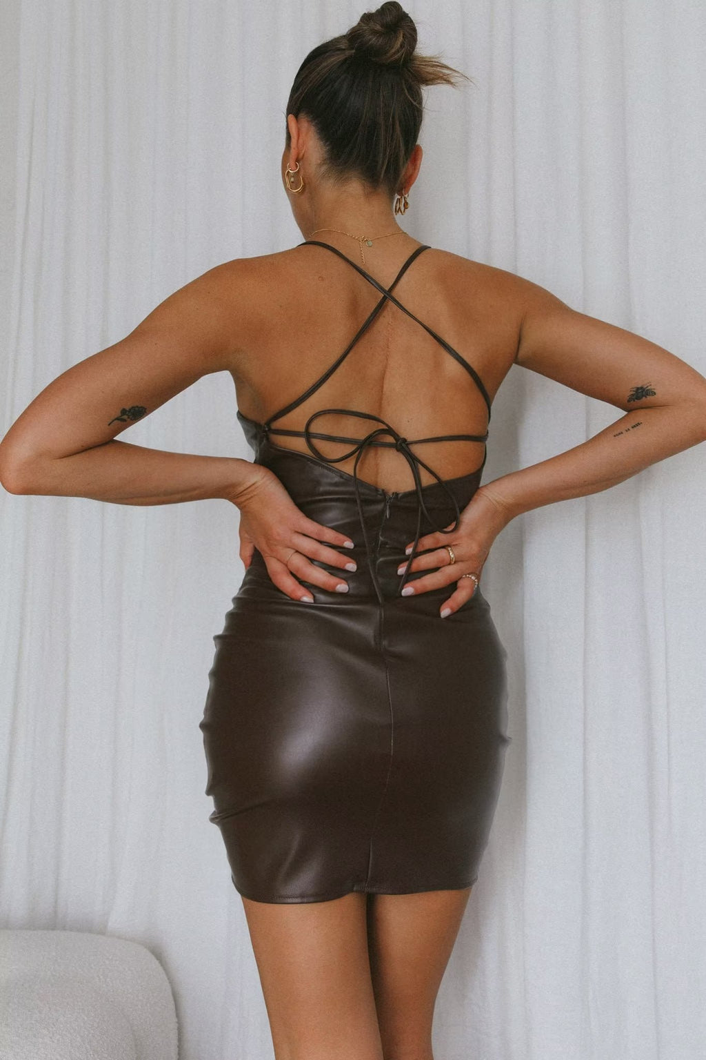 Women's Spaghetti-Strap Faux-Leather Cutout Ruched Mini Dress