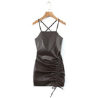 Women's Spaghetti-Strap Faux-Leather Cutout Ruched Mini Dress