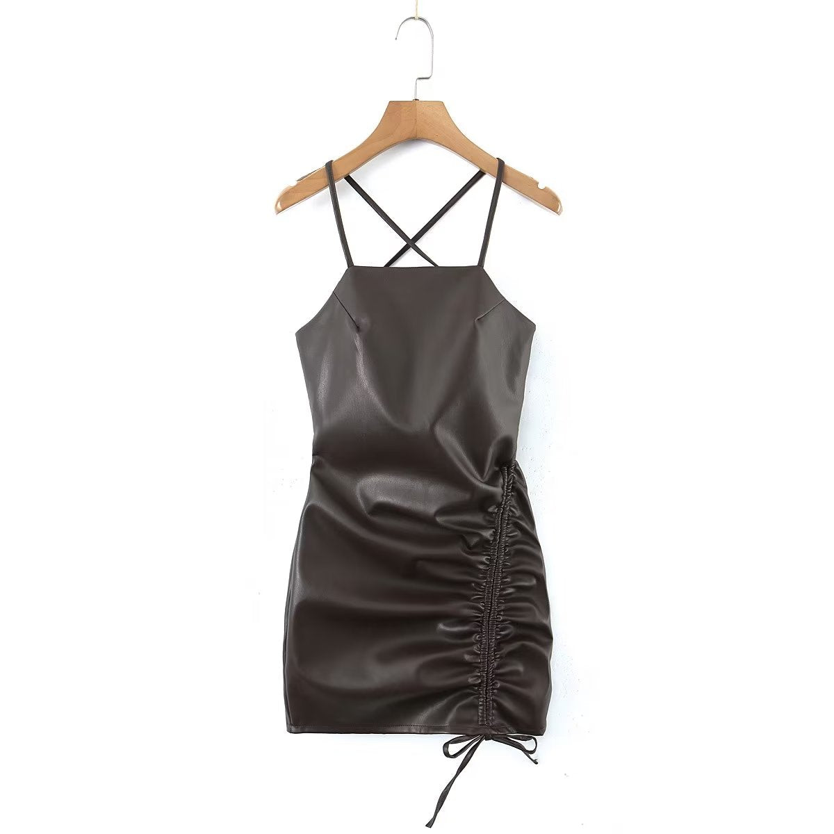 Women's Spaghetti-Strap Faux-Leather Cutout Ruched Mini Dress