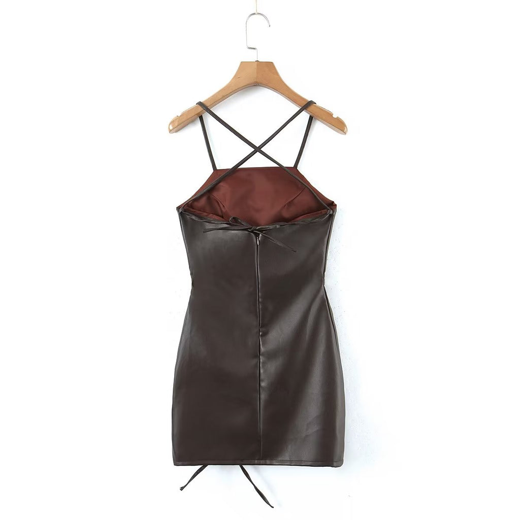 Women's Spaghetti-Strap Faux-Leather Cutout Ruched Mini Dress