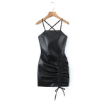 Women's Spaghetti-Strap Faux-Leather Cutout Ruched Mini Dress