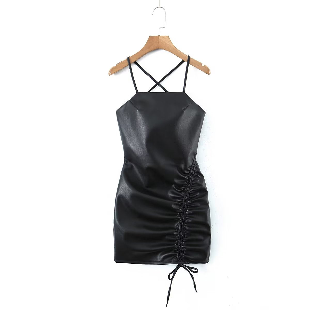 Women's Spaghetti-Strap Faux-Leather Cutout Ruched Mini Dress