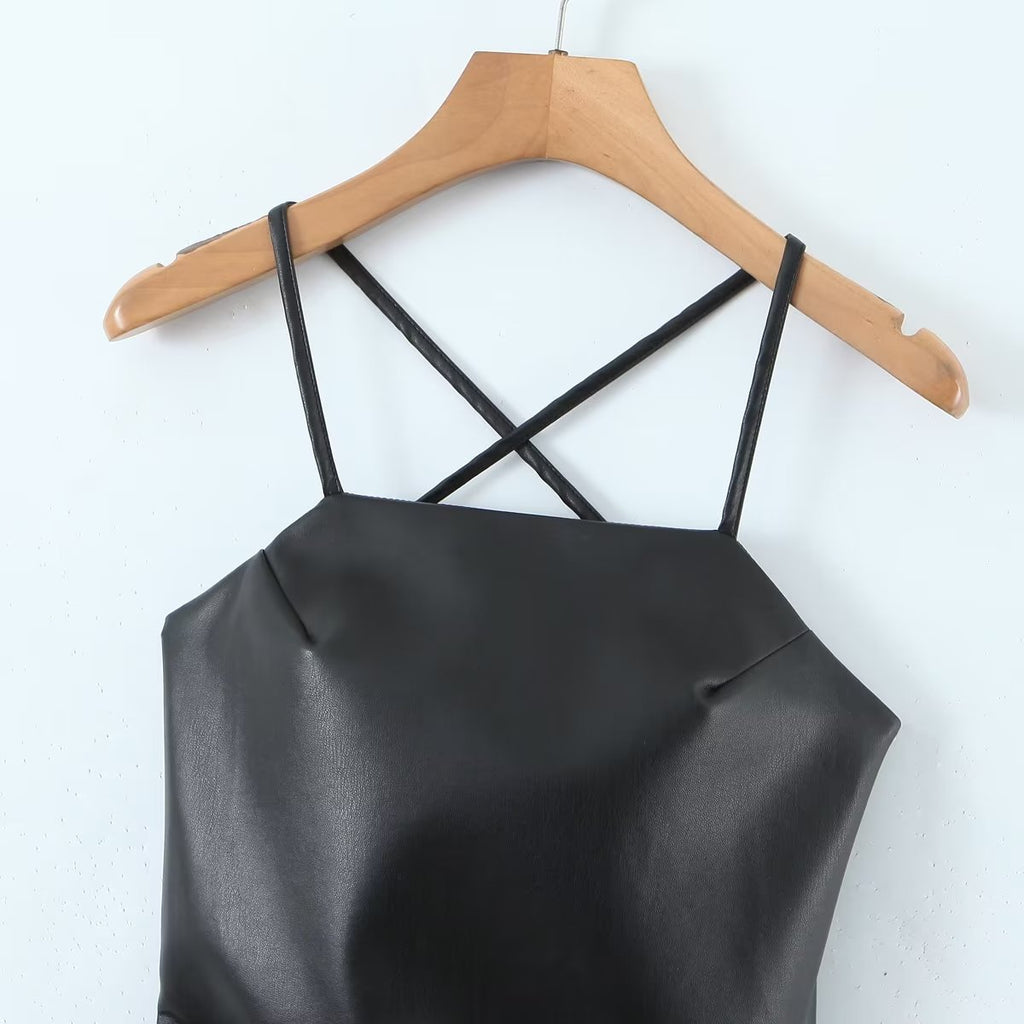 Women's Spaghetti-Strap Faux-Leather Cutout Ruched Mini Dress