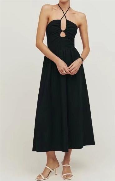 Summer Slim Fit Slimming French Black Halter Lace up Backless Dress Maxi Dress Women