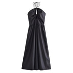 Women's Summer Slim Fit French Black Halter Lace Up Dress