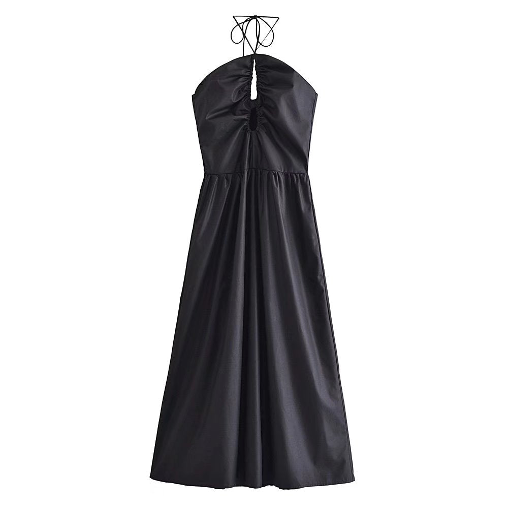 Women's Summer Slim Fit French Black Halter Lace Up Dress