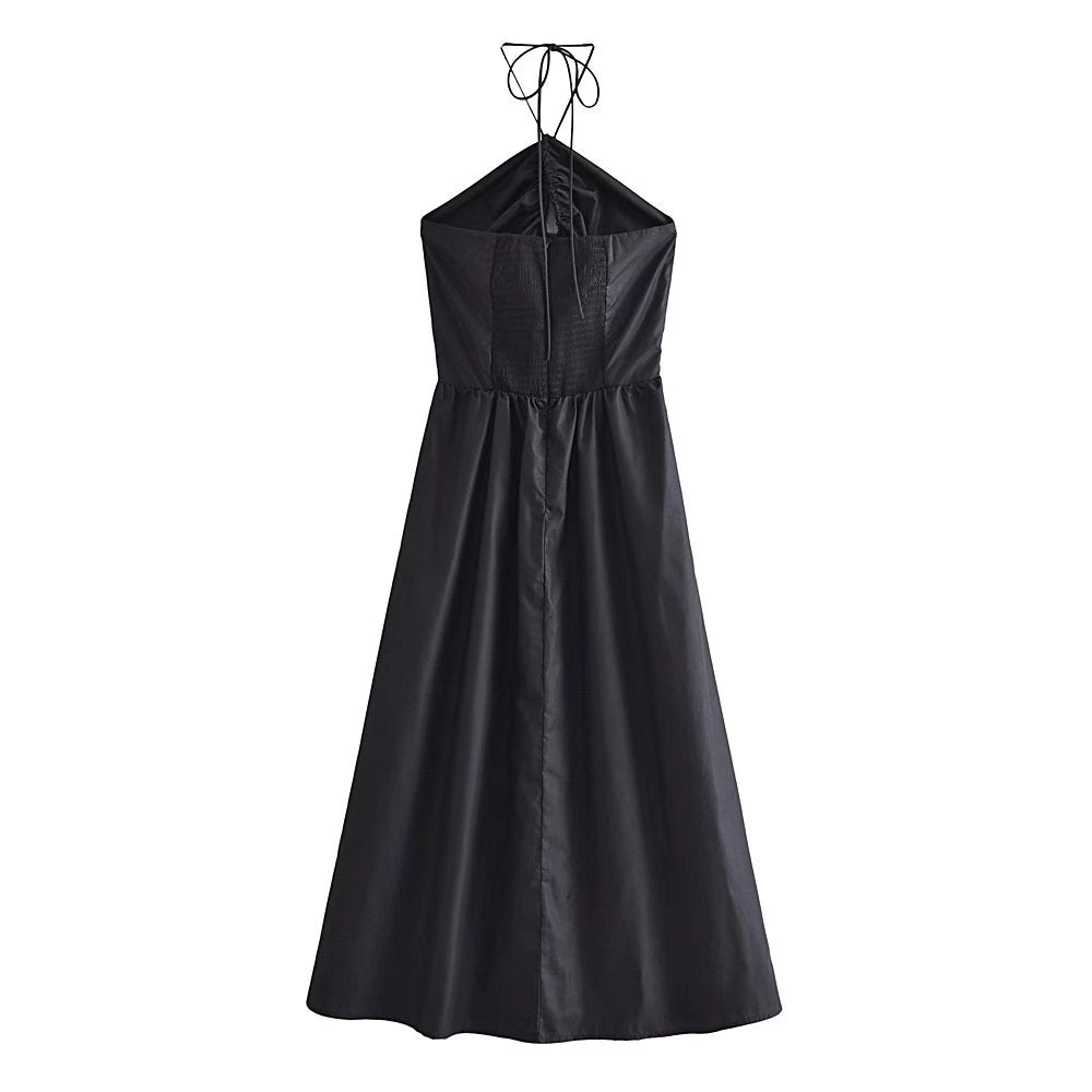 Women's Summer Slim Fit French Black Halter Lace Up Dress