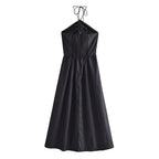 Women's Summer Slim Fit French Black Halter Lace Up Dress