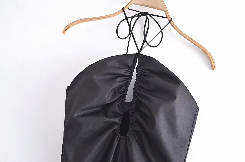 Women's Summer Slim Fit French Black Halter Lace Up Dress