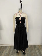 Women's Summer Slim Fit French Black Halter Lace Up Dress