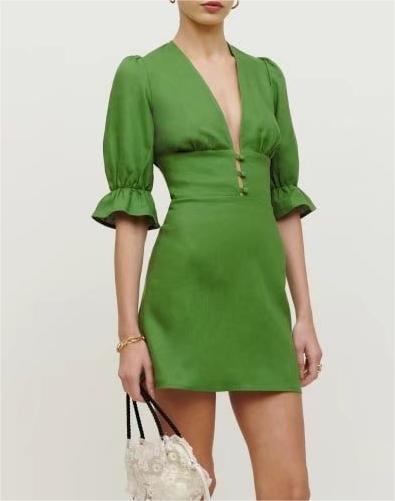 V-Neck Buckle-Detail Short-Sleeve Dress
