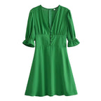 V-Neck Buckle-Detail Short-Sleeve Dress