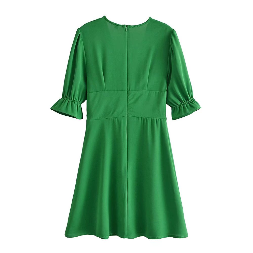 V-Neck Buckle-Detail Short-Sleeve Dress