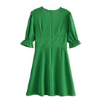V-Neck Buckle-Detail Short-Sleeve Dress