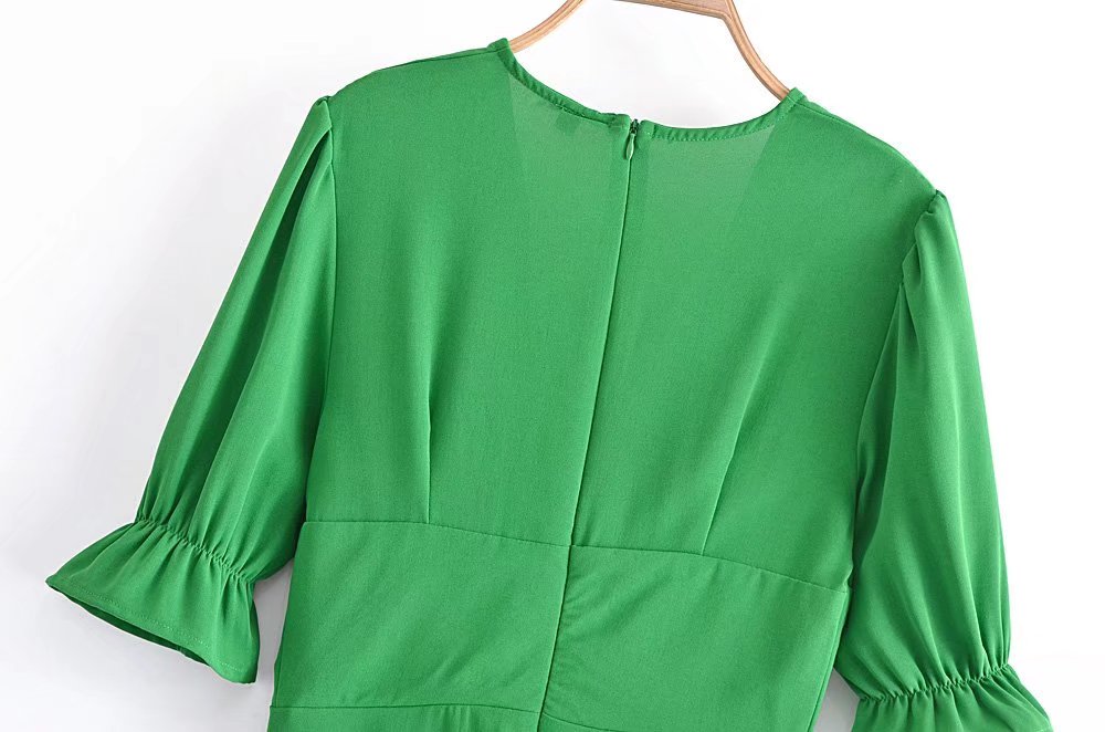 V-Neck Buckle-Detail Short-Sleeve Dress