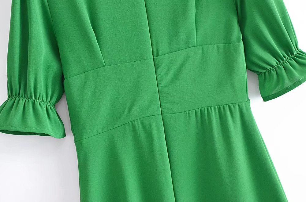 V-Neck Buckle-Detail Short-Sleeve Dress