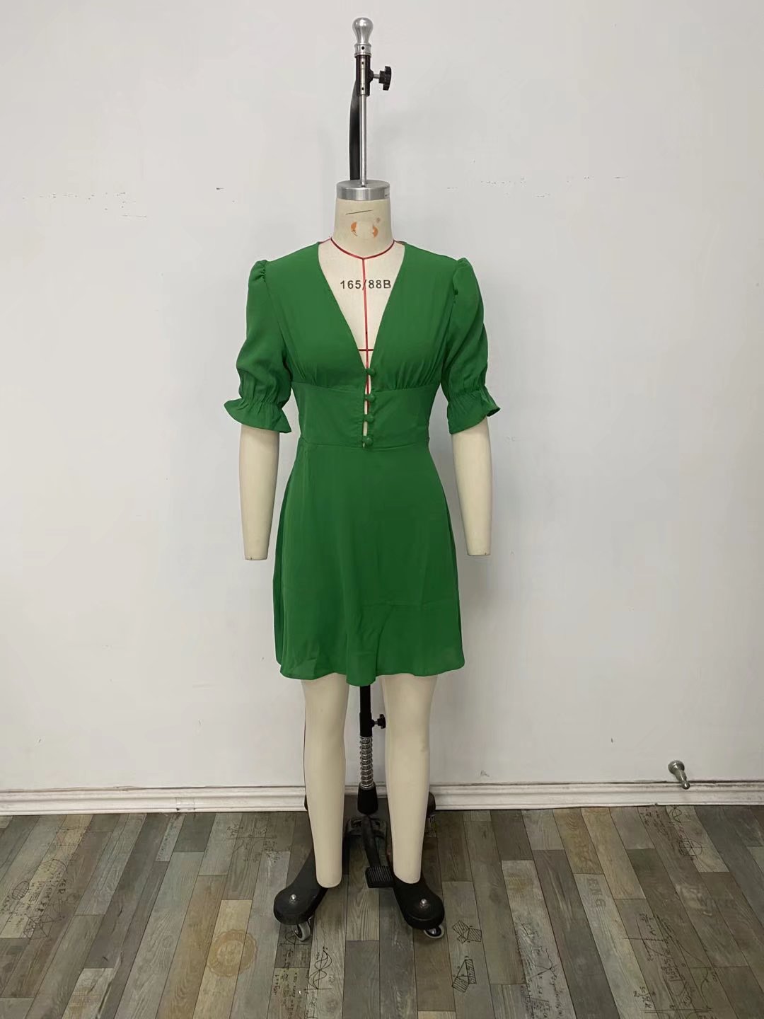 V-Neck Buckle-Detail Short-Sleeve Dress