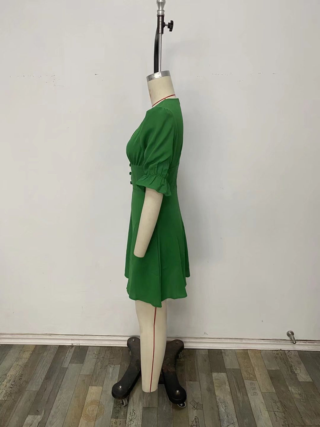 V-Neck Buckle-Detail Short-Sleeve Dress