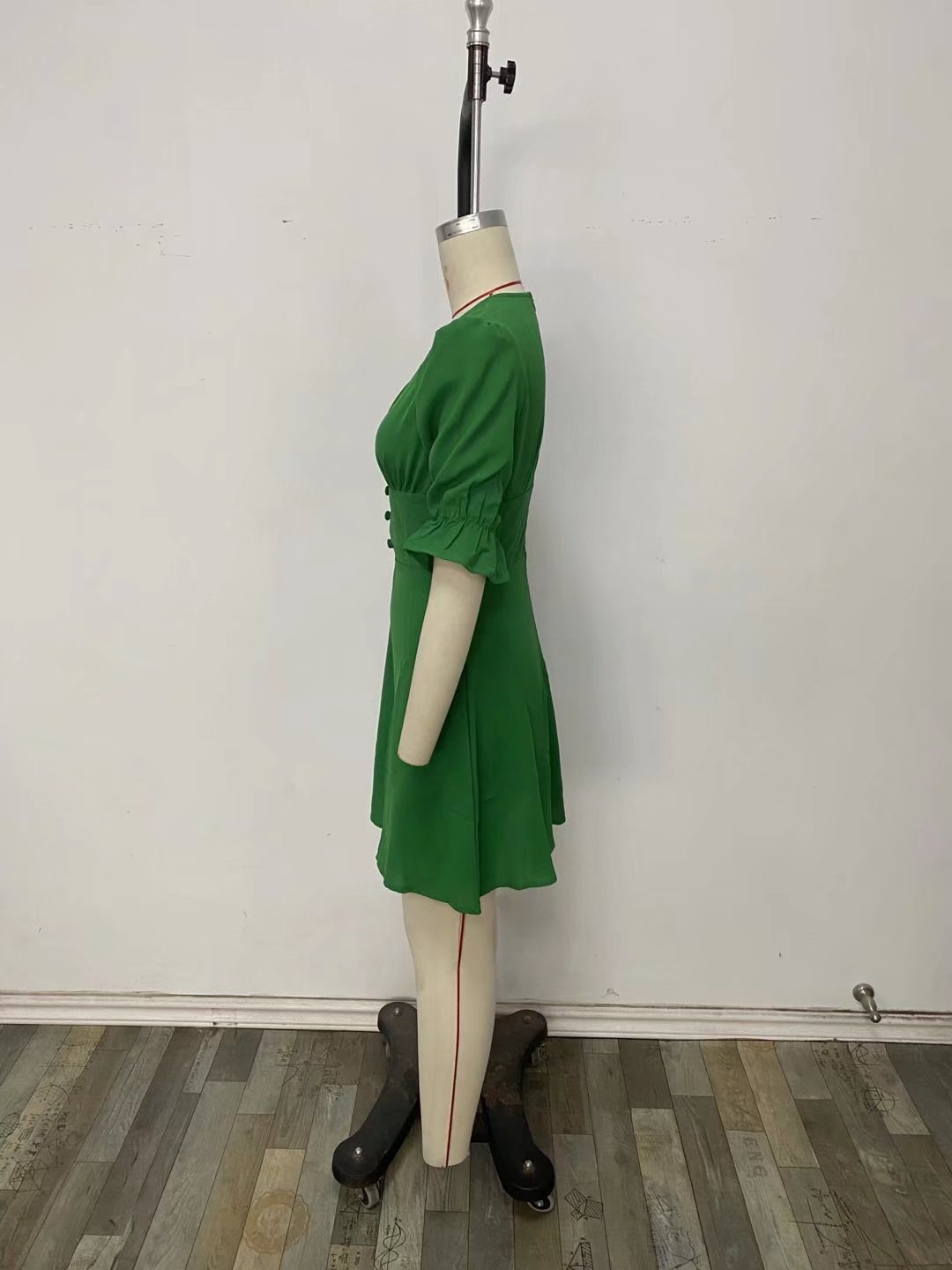 V-Neck Buckle-Detail Short-Sleeve Dress