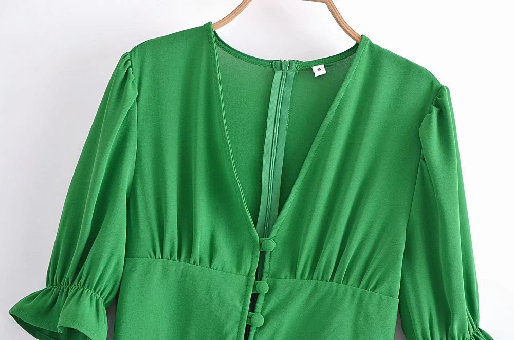 V-Neck Buckle-Detail Short-Sleeve Dress