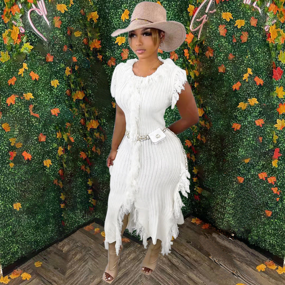 Fringe Ribbed Sleeveless Knit Bodycon Maxi Dress