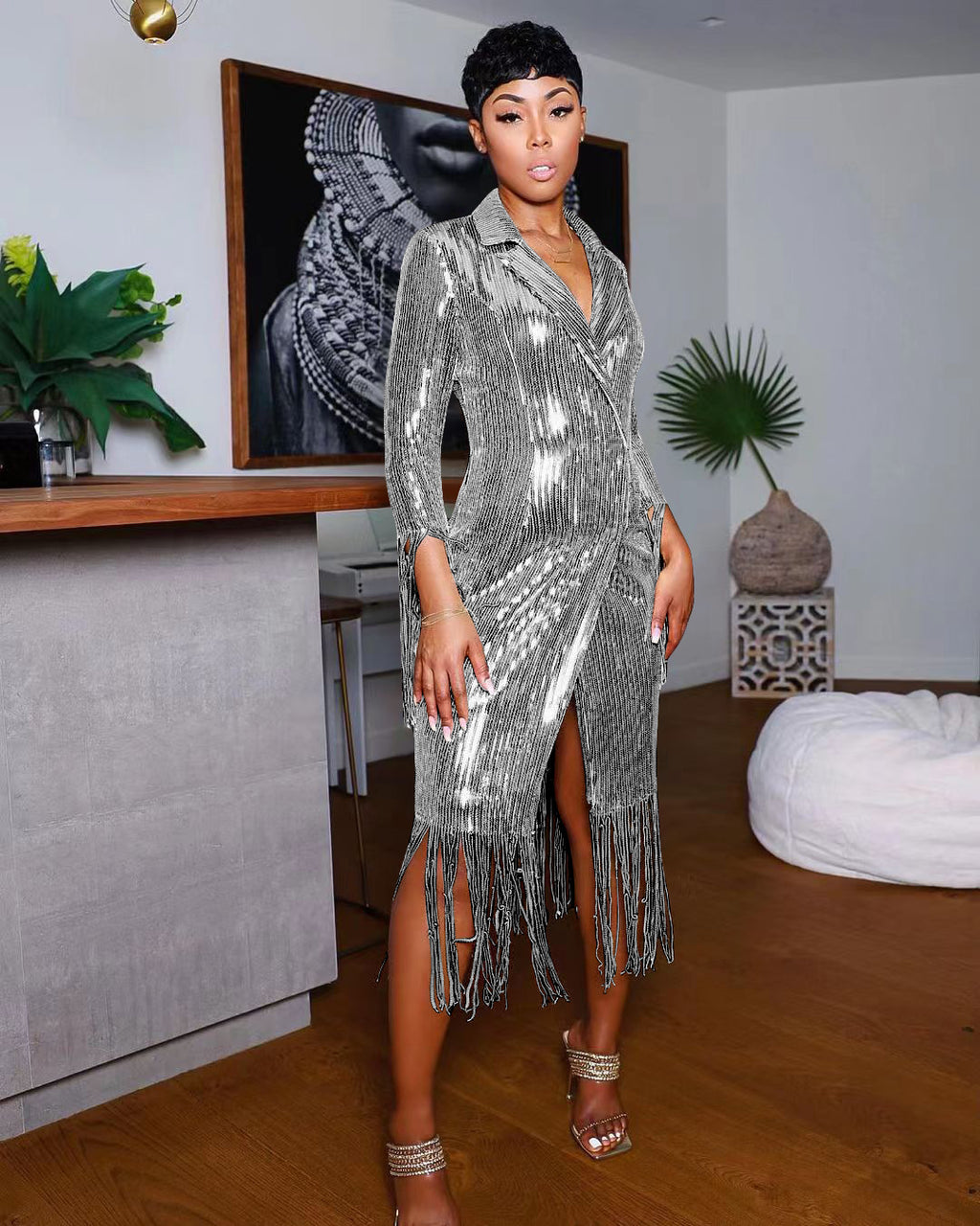 Casual Solid Color Tassel Sequ Long Dress