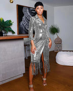 Casual Solid Color Tassel Sequ Long Dress