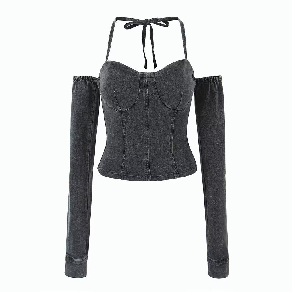 Women’s Denim Off Shoulder Lace Up Corset Crop Top