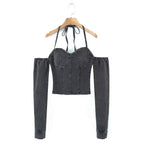 Women’s Denim Off Shoulder Lace Up Corset Crop Top