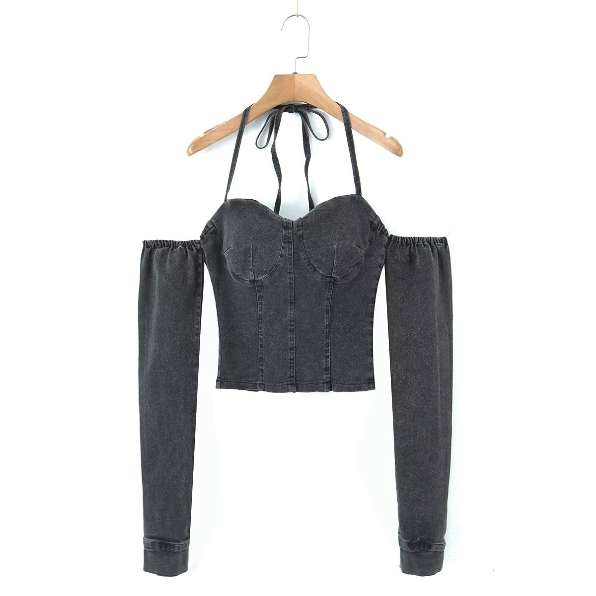 Women’s Denim Off Shoulder Lace Up Corset Crop Top