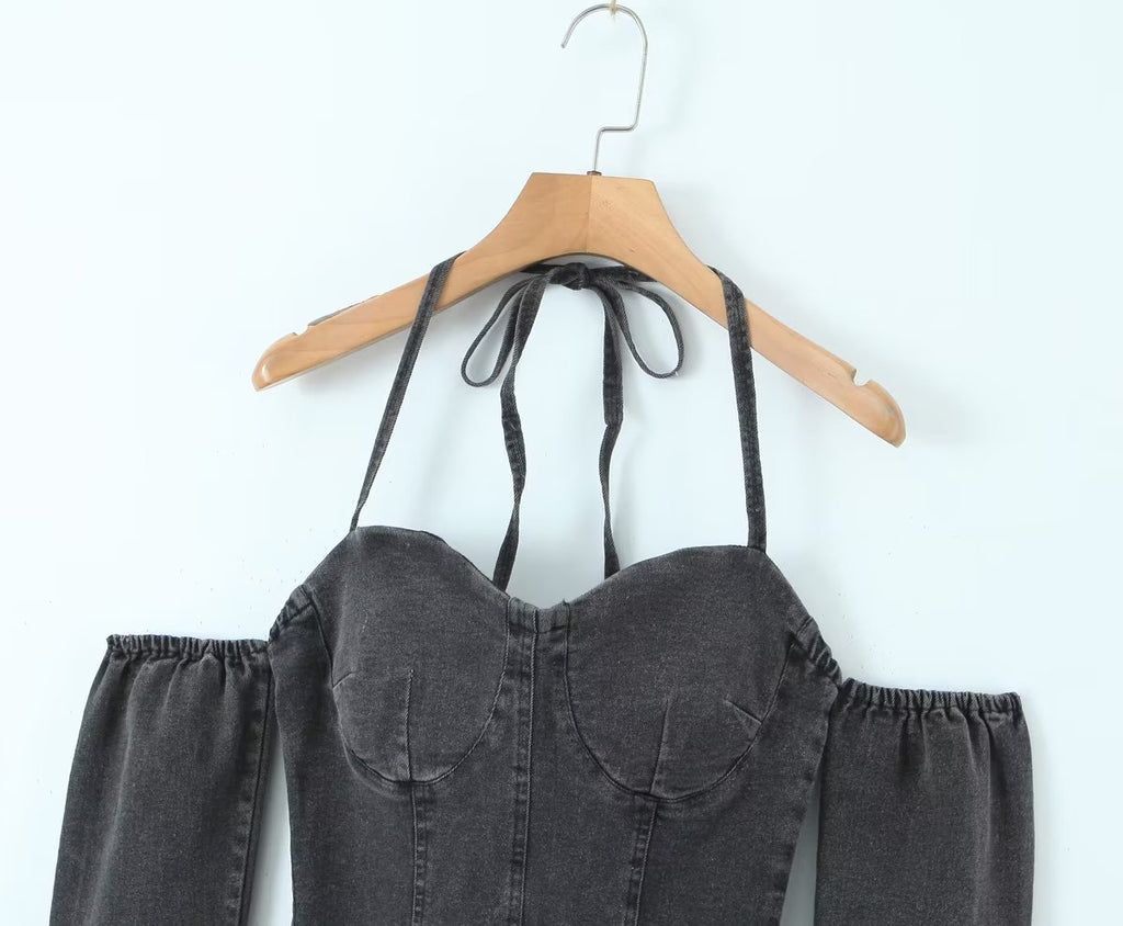 Women’s Denim Off Shoulder Lace Up Corset Crop Top