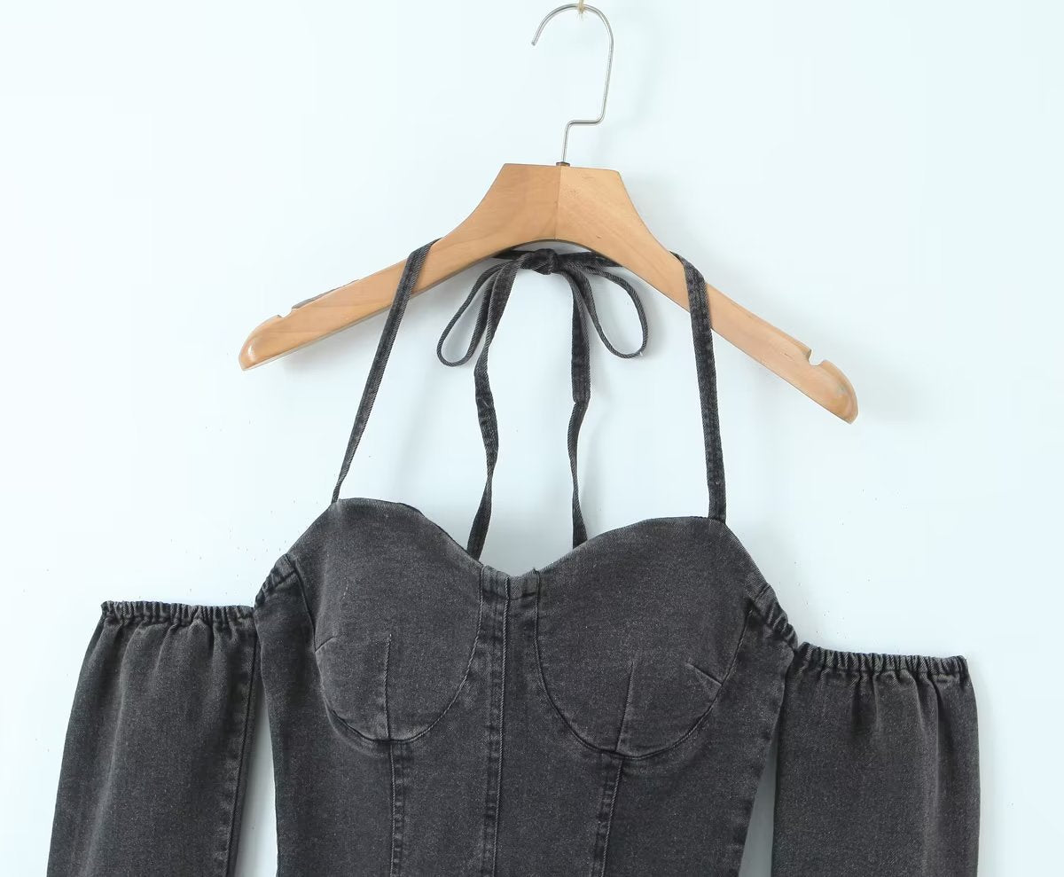Women’s Denim Off Shoulder Lace Up Corset Crop Top