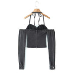 Women’s Denim Off Shoulder Lace Up Corset Crop Top