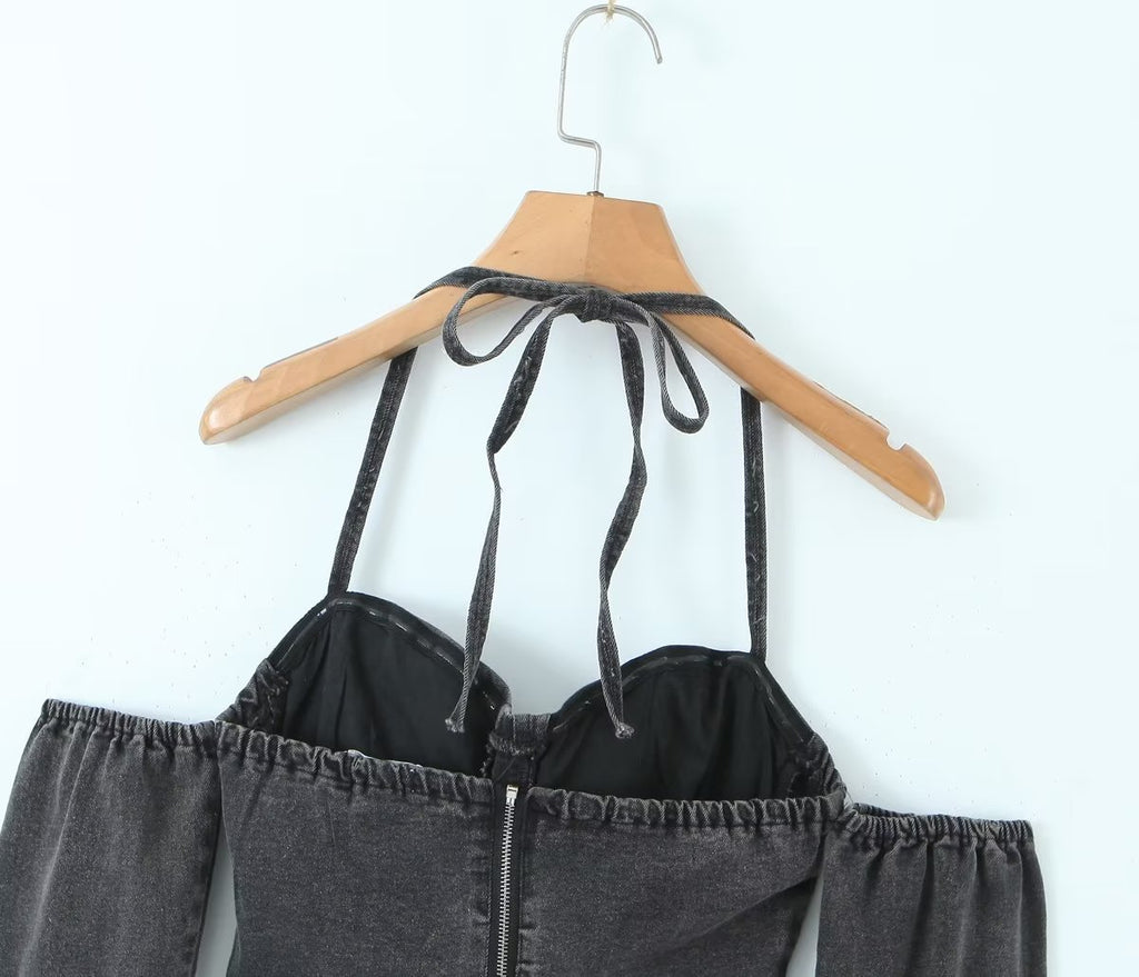 Women’s Denim Off Shoulder Lace Up Corset Crop Top