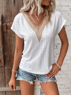 Women's Summer V Neck Lace Stitching Jacquard T Shirt Popular Loose Casual Women Top