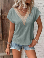 Women's Summer V Neck Lace Stitching Jacquard T Shirt Popular Loose Casual Women Top