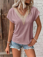Women's Summer V Neck Lace Stitching Jacquard T Shirt Popular Loose Casual Women Top