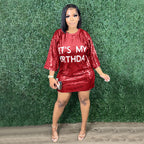 Round Neck Loose Sequin Letter Graphic Printed Dress