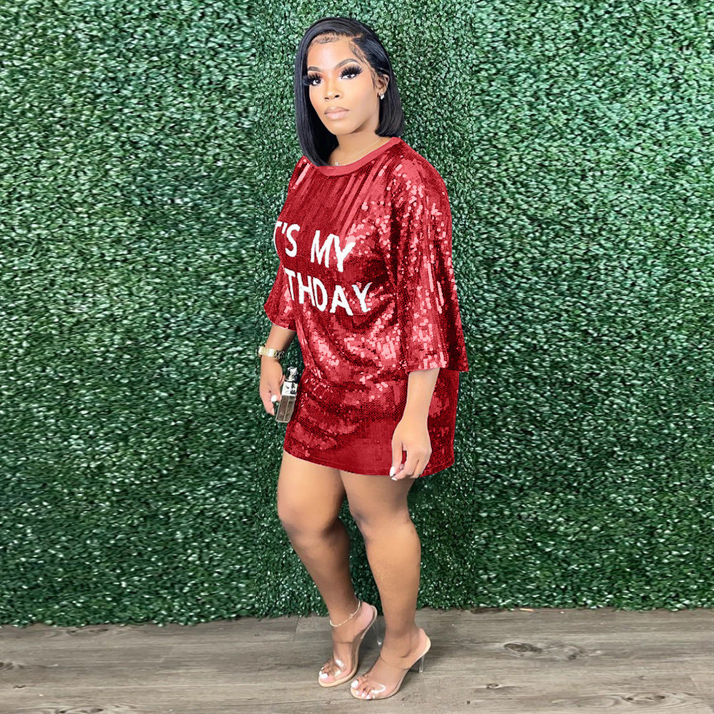 Round Neck Loose Sequin Letter Graphic Printed Dress