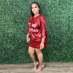 Round Neck Loose Sequin Letter Graphic Printed Dress