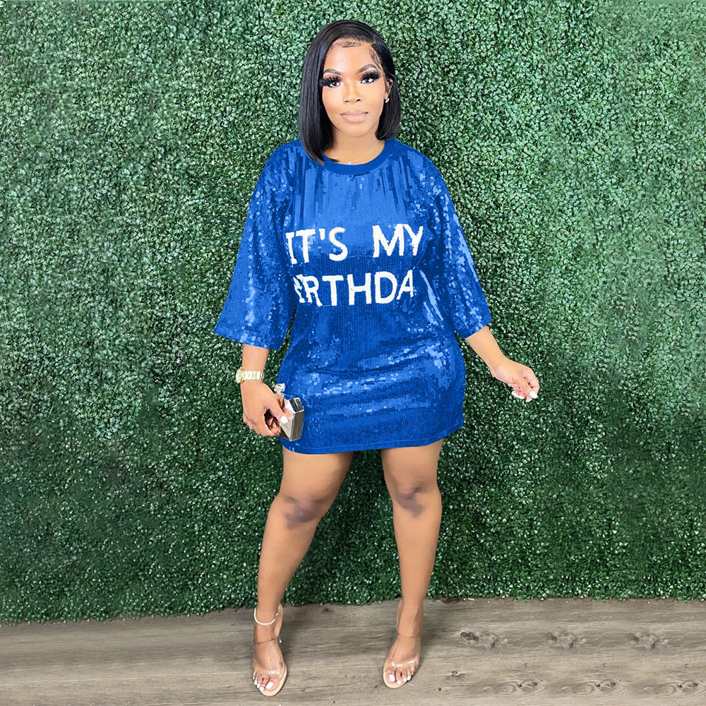 Round Neck Loose Sequin Letter Graphic Printed Dress