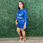 Round Neck Loose Sequin Letter Graphic Printed Dress
