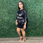 Round Neck Loose Sequin Letter Graphic Printed Dress